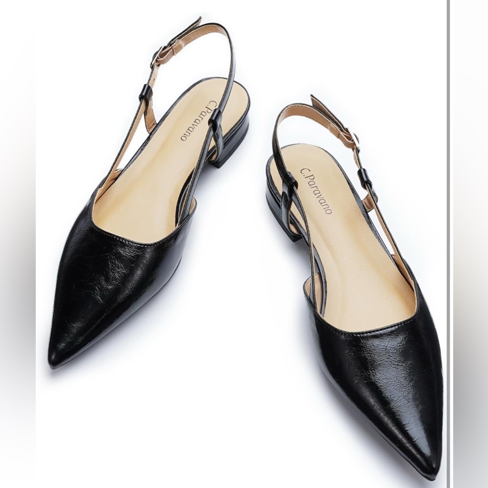 C.Paravano Slingback Pointed Toe Flats Sandals Adjustable Ankle Strap Shoes